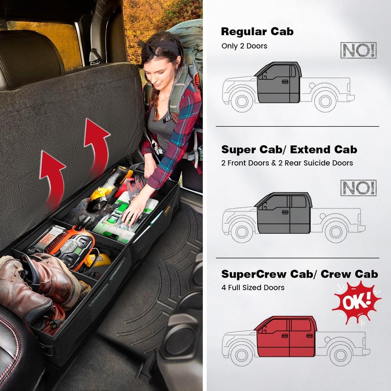 AUTOFIT Under Seat Truck Organizer Storage Box with 1 Removable Divider & 5 Storage Mesh Bag, Collapsible Trunk Organizer for Car, SUV, Truck, or Van(Full Size Trucks) Two large storage compartments - Image 5